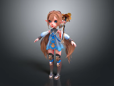 Woman With Long Brown Hair Blue Eyes In Blue White Outfit Holding Flower Decorated Staff 3d model