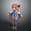 Woman With Long Brown Hair Blue Eyes In Blue White Outfit Holding Flower Decorated Staff
