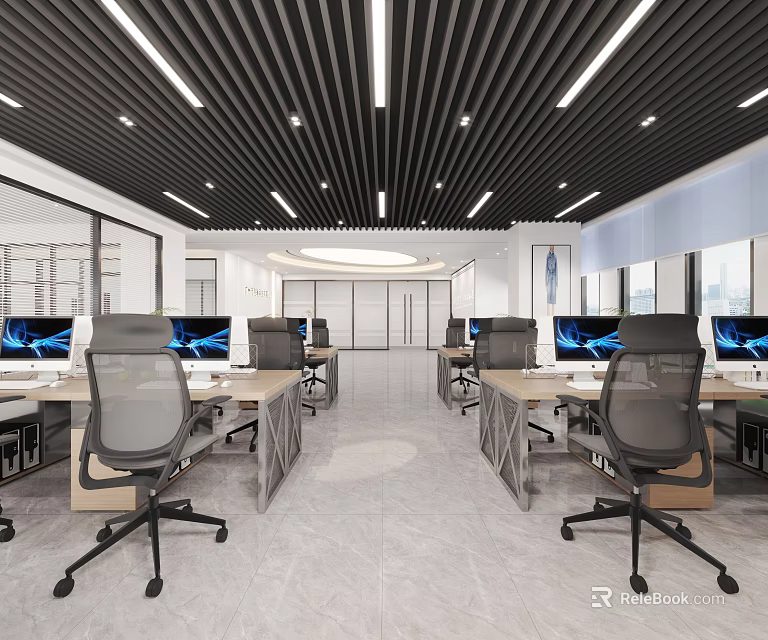 Modern Public Office Space Interior With Workstations Ergonomic Chairs And Ceiling Lighting 3d model