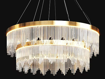 Modern Double Layered Chandelier with Gold Circular Frame and Transparent Crystal Strands for Elegant Interior 3d model