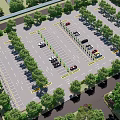 Spacious Parking Lot With Organized Spaces Parked Cars Green Trees And Yellow Markings