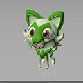 Cute Green And White Cartoon Feline Creature With Big Pink Eyes Standing