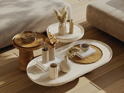 Modern Oval Marble Coffee Table With Decorative Vases Tray Books And Dried Plants 3d model
