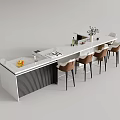 Modern Kitchen Bar Counter With White Top Black Vertical Stripes And Brown Bar Stools 3d model