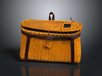 Cute Rabbit Resting in Handwoven Yellow Basket with Leather Straps on Gray Surface 3d model