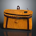 Cute Rabbit Resting in Handwoven Yellow Basket with Leather Straps on Gray Surface
