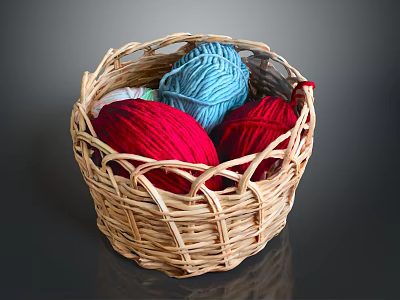 Wicker Basket Filled With Soft Colorful Yarn Balls For Household Supplies 3d model