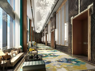 Elegant Hotel Corridor With Crystal Chandelier Colorful Carpet Lounge Seating Marble Walls And Large Windows 3d model