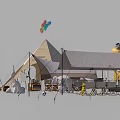 Camping Tents With Multiple Designs Tables Chairs Balloons And Animal Sculptures Setup