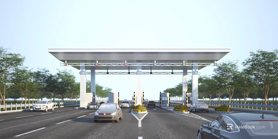 Highway Toll Station Infrastructure With Multiple Lanes And Vehicles Passing Through 3d model 