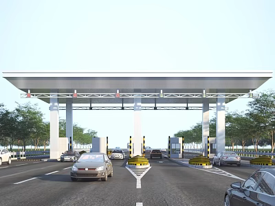 Highway Toll Station Infrastructure With Multiple Lanes And Vehicles Passing Through 3d model