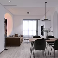 Modern Living and Dining Room Interior With Brown Sofa Coffee Table And Light Projection