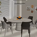 Modern Minimalist Round Dining Table Set With Mixed Color Chairs Fruit Bowl And Wall Art