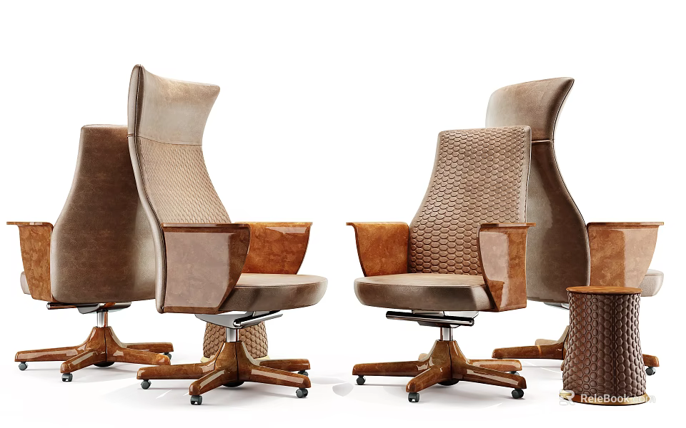 Modern Brown Leather Office Chairs With Wooden Base And Comfortable Armrests 3d model 