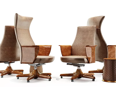 Modern Brown Leather Office Chairs With Wooden Base And Comfortable Armrests 3d model