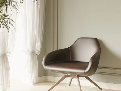 Modern Brown Leather Leisure Chair With Curved Armrests Metal Base White Curtains And Green Plant 3d model