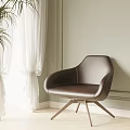 Modern Brown Leather Leisure Chair With Curved Armrests Metal Base White Curtains And Green Plant