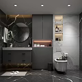 Modern Public Restroom Interior With Stalls Washbasins Mirrors And Marble Finishes