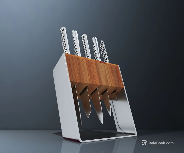 Commercial Kitchen Knife Block With Wooden Metal Holder And Multi Blades Modern Design 3d model 