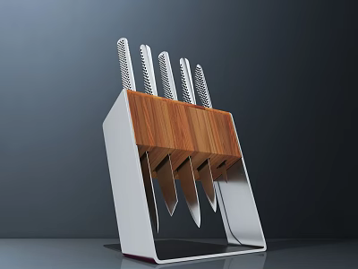 Commercial Kitchen Knife Block With Wooden Metal Holder And Multi Blades Modern Design 3d model