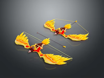 Two Decorative Bow and Arrow Weapons with Yellow Flame Wings and Red Accents 3d model