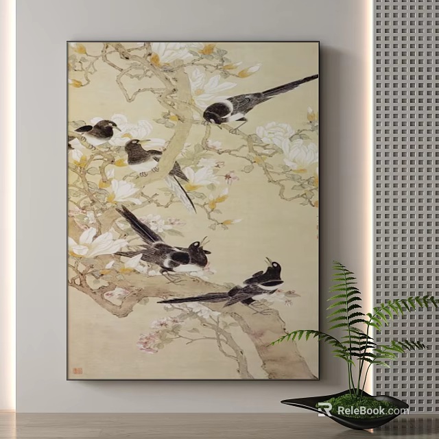 Oriental Style Wall Painting With Birds Perched On Floral Branches And Green Plant Decor 3d model 