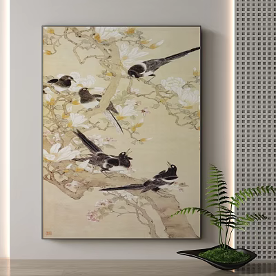 Oriental Style Wall Painting With Birds Perched On Floral Branches And Green Plant Decor 3d model
