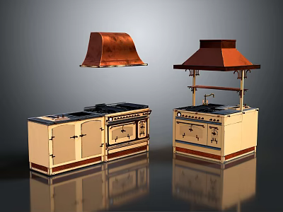 Vintage Kitchen Appliances Featuring Copper Range Hoods Stove Units And Light Cabinets 3d model