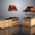 Vintage Kitchen Appliances Featuring Copper Range Hoods Stove Units And Light Cabinets