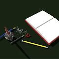 Open Notebook With Red Cover And Colorful Pens Near Glass Ink Bottle And Paper Clips