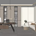 Modern Study Room Interior Design With Wooden Desk Computer Bookshelves And Sofa