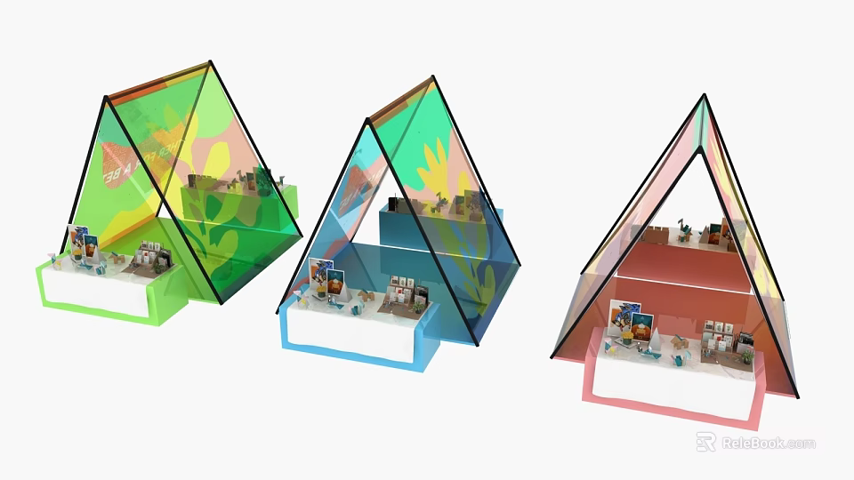 Colorful Interactive Zone With Triangular Transparent Structures And Interior Design 3d model