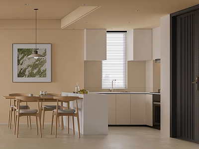 Warm Light Toned Kitchen Interior With Dining Table Chairs Cabinets And Window Blinds 3d model