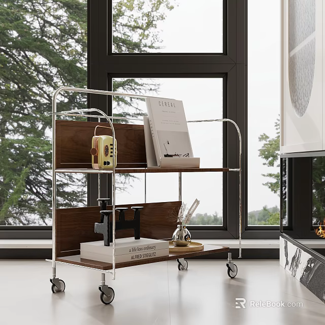 Modern Rolling Side Table With Metal Frame Wooden Shelves And Decorative Books 3d model 