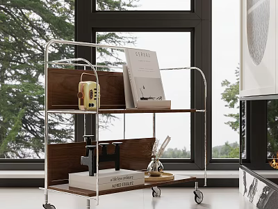 Modern Rolling Side Table With Metal Frame Wooden Shelves And Decorative Books 3d model