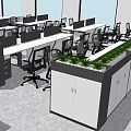 Modern Office Desks Layout With Black Chairs And Green Plants In Workspace