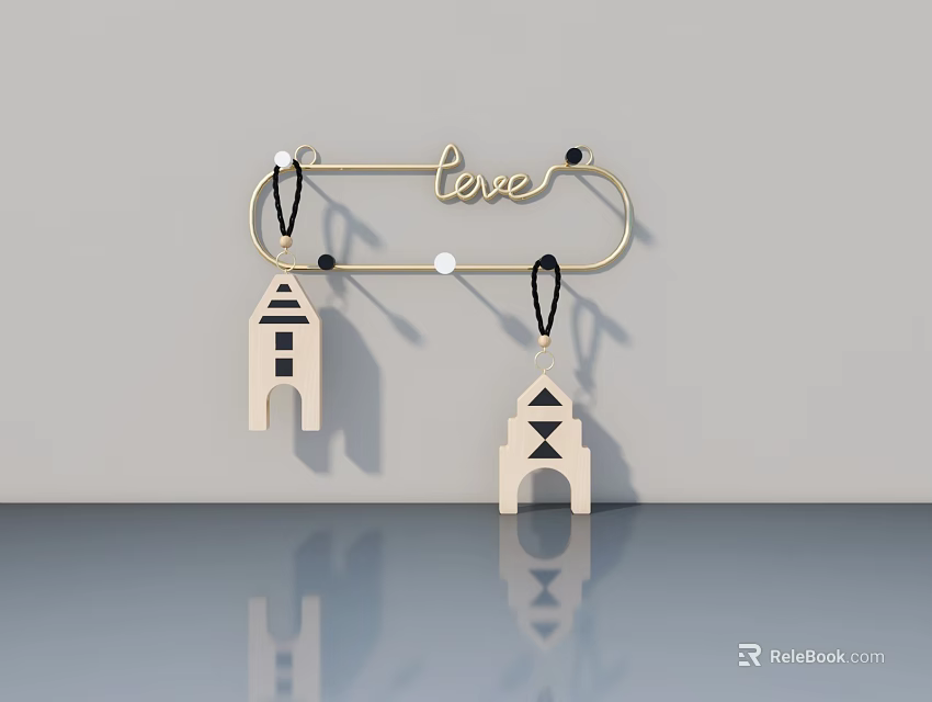 Modern Swing Door Featuring Love Sign And Small House Shaped Pendants On Metal Bar 3d model 