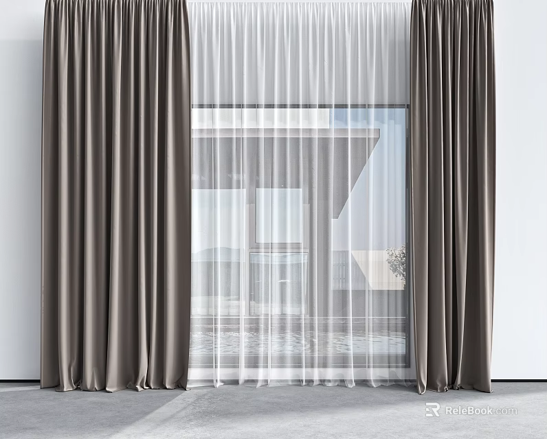 Dark Brown Curtains With Sheer White Layer For Modern Window Decoration 3d model 