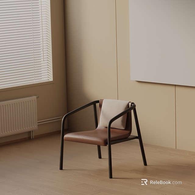 Modern Leisure Chair With Black Frame Brown Leather Seat And Light Cushion In Beige Interior 3d model 