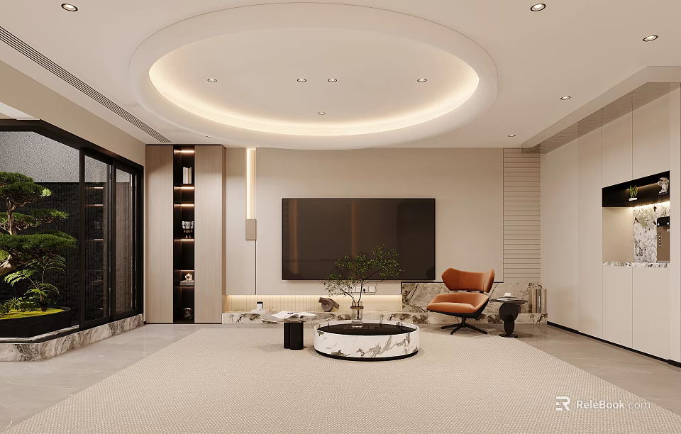 Modern Living Room Interior With Circular Ceiling Orange Armchair And Marble Coffee Table 3d model 