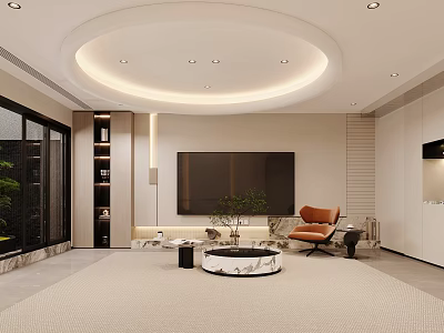 Modern Living Room Interior With Circular Ceiling Orange Armchair And Marble Coffee Table 3d model