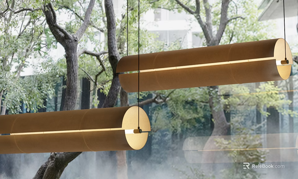 Modern Cylindrical Pendant Light With Glowing Strip Against Natural Tree Background Space 3d model 