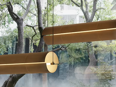 Modern Cylindrical Pendant Light With Glowing Strip Against Natural Tree Background Space 3d model