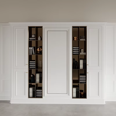 Modern White Display Cabinet with Central Door and Open Shelves Showcasing Books and Decorative Ornaments 3d model
