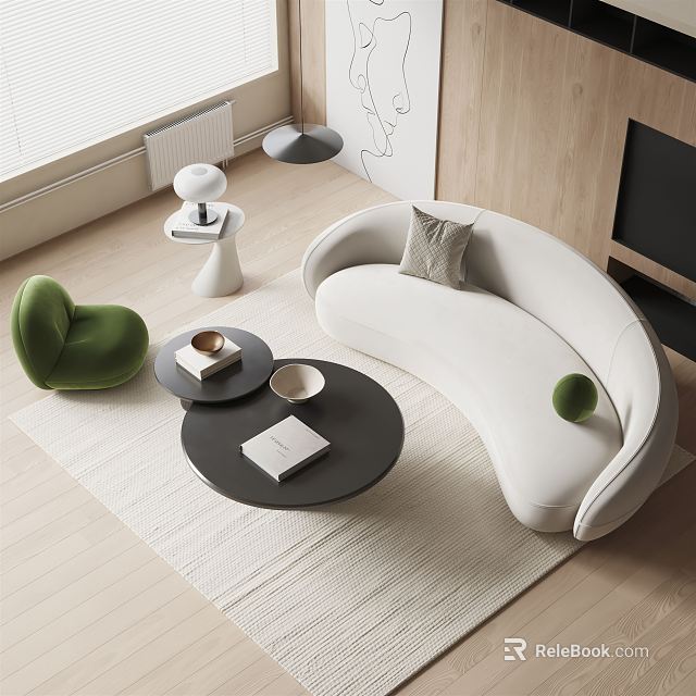 Modern Living Room With Curved White Sofa Black Round Coffee Table Set Green Accent Chair 3d model 