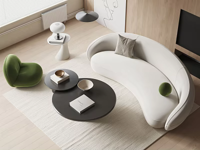 Modern Living Room With Curved White Sofa Black Round Coffee Table Set Green Accent Chair 3d model