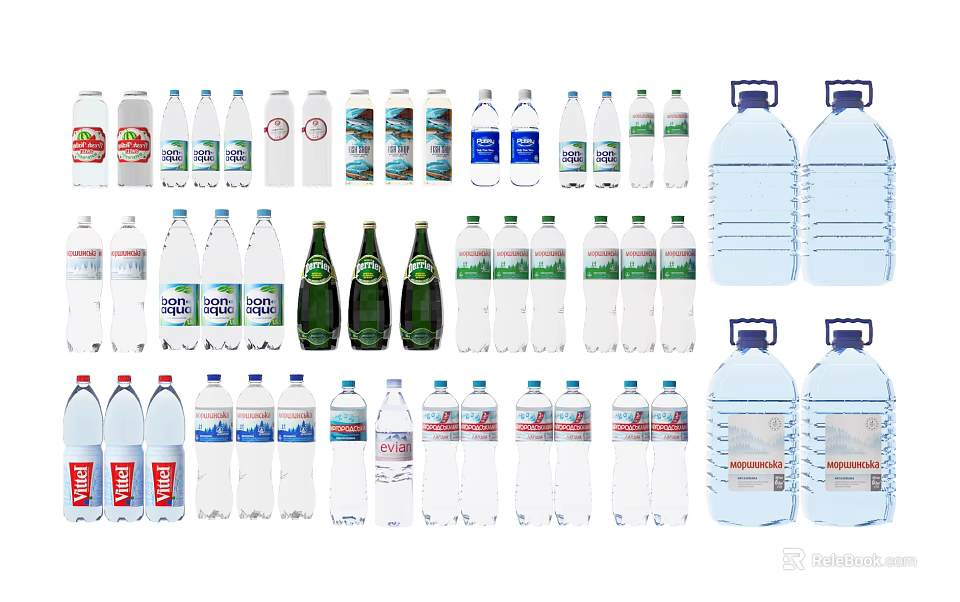 Bottled Water Drinks Including Various Sizes Small Bottles And Large Containers 3d model 