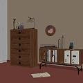 Wooden Chest of Drawers and Bookcase Cabinet with Table Lamp Books and Decorative Items