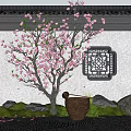 Traditional Chinese Garden Featuring Pink Flowering Tree Square Lattice Window And Clay Pot