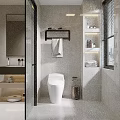 Modern Bathroom Interior With White Toilet Gray Tiled Walls And Shelves With Toiletries